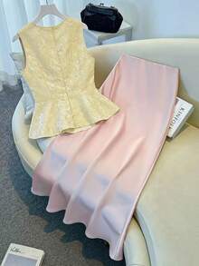 GlowEve 2026 Summer New Arrival Elegant Sexy Satin Jacquard 2-Piece Set With 3D Floral Details – Sleeveless Top Skirt For Daily Golf, Party, And Date Nights - Pink - View 2