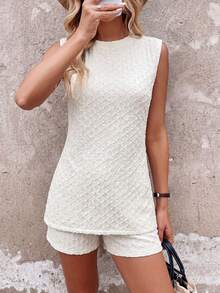 SHEIN LUNE Conjunto de 2 piezas de top corto sin mangas y shorts de moda básica para uso diario, vacaciones de verano y viajes, de mujer - Beis - Ver 7