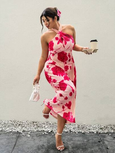 Firerie Plus Size Women's Elegant Romantic Vacation Pleated Mini Dress, Vacation Style Red Tie Dye Floral Print A-Line Tie-Waist Flowy Dress, Suitable For Weddings, Sexy Beach, Western Festivals, Summer Bohemian