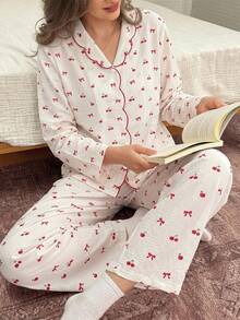 DAZY Bộ đồ ngủ mùa hè 2 món dành cho nữ, có nơ xinh xắn, họa tiết quả anh đào và cổ áo thêu màu tương phản. - trắng - Xem 1