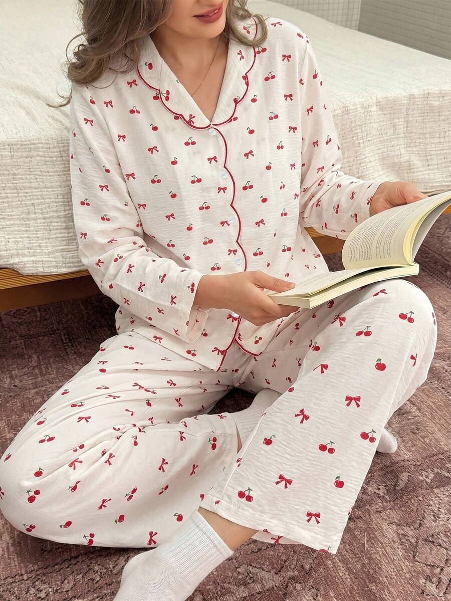 DAZY Bộ đồ ngủ mùa hè 2 món dành cho nữ, có nơ xinh xắn, họa tiết quả anh đào và cổ áo thêu màu tương phản. - trắng - Xem 1