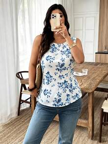 Vionelle Plus Size Women's Fashion Blue & White Floral Sleeveless Fitted Cinched Waist Back Bow Blouse, Regular Fit Spring/Summer - Blue and White - View 4