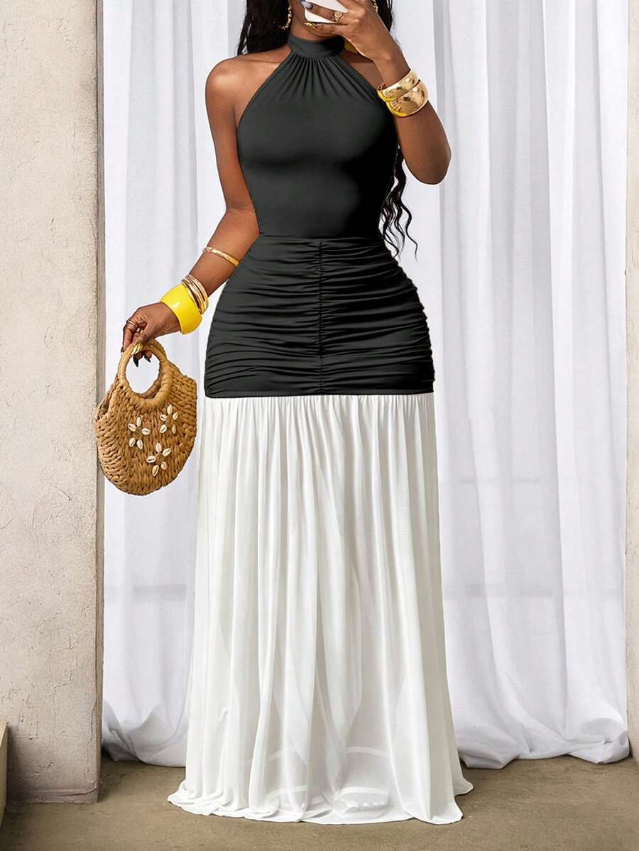 SHEIN BamGlam Đầm nữ màu trơn xếp ly cổ yếm thanh lịch eo hẹp thích hợp dự tiệc - Đen và trắng - Xem 1