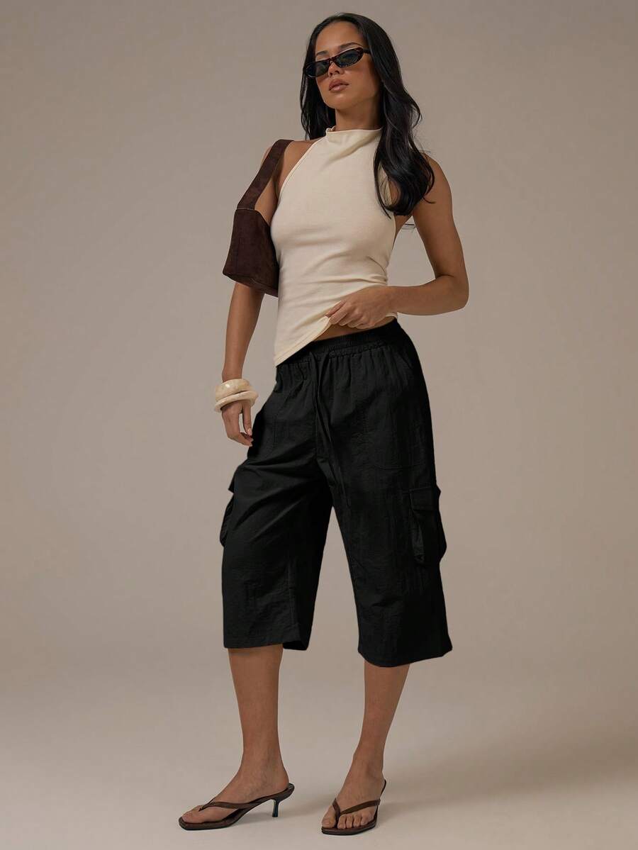 MUSERA Cargo Tie Waist Capri Pants Spring Summer Cute Cosy Cottage Core Spring Dew Casual - Black - View 1