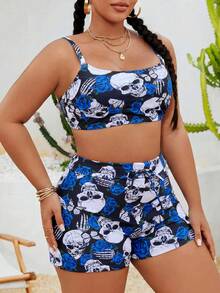 Slaydiva Plus Size Punk Skull Rose 3-Piece Bikini Set - Royal Blue - View 6