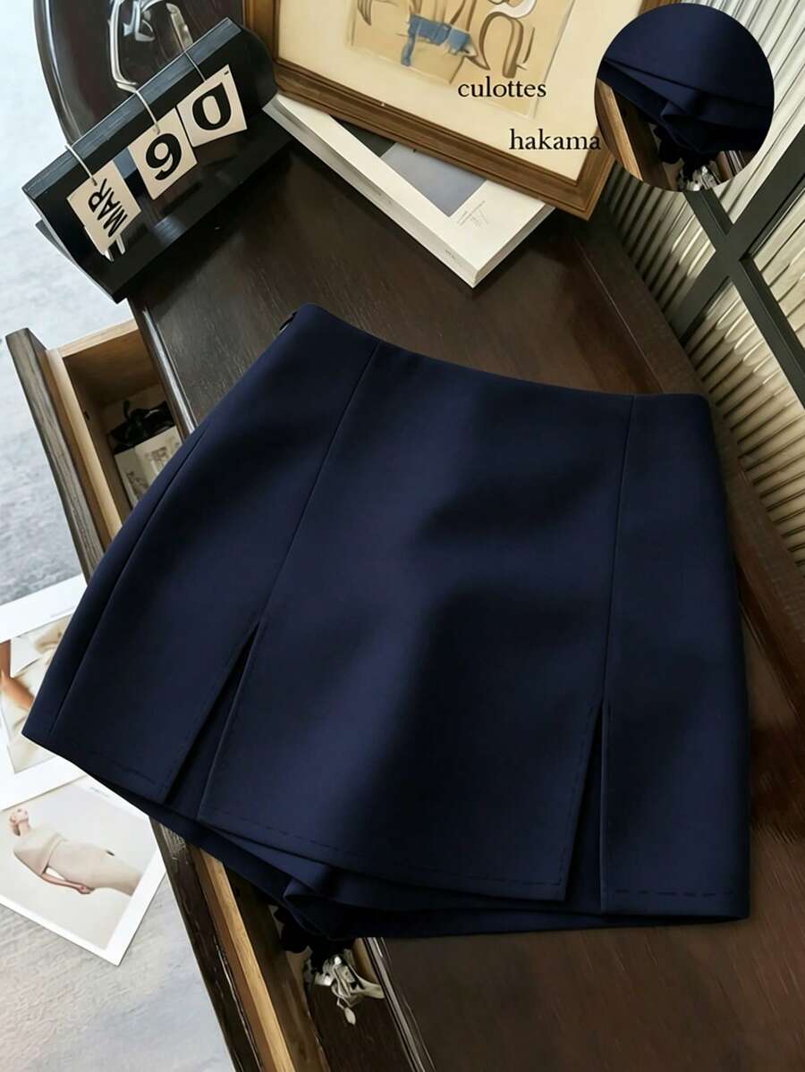 Franclia Women's Solid Color Double Slit Hem Skirt Pants - Navy Blue - View 1