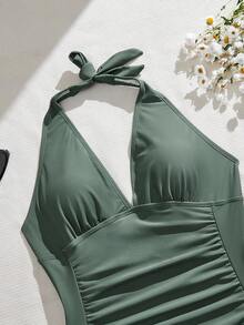 Swim Basics Summer Beach Ruched Halter One Piece Swimsuit - Army Green - View 4