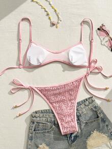 SHEIN Swim Vcay Bộ bikini gợi cảm thắt dây, đính sequin, có thể điều chỉnh dây, dành cho nữ, thích hợp cho kỳ nghỉ biển mùa xuân/hè. - Hồng - Xem 9