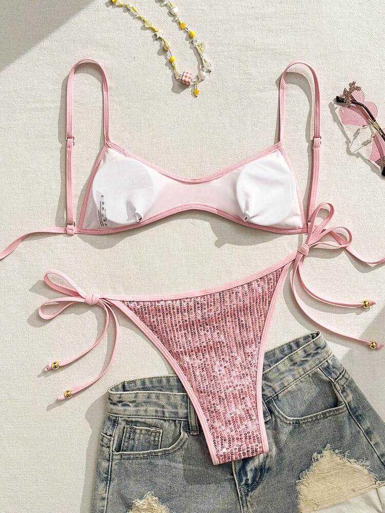Swim Vcay Bộ bikini gợi cảm thắt dây, đính sequin, có thể điều chỉnh dây, dành cho nữ, thích hợp cho kỳ nghỉ biển mùa xuân/hè. - Hồng - Xem 9