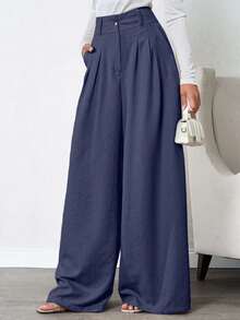 SHEIN Tall Quần vải lanh xếp ly sâu màu trơn cho nữ - Màu xanh hải quân - Xem 3