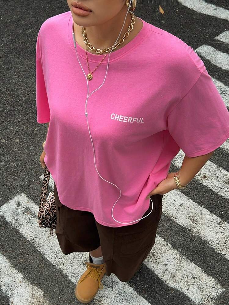 Dazy Plus Loose Fit Letter Print Round Neck Pink Short Sleeve Casual Plus Size T-Shirt, Street Style For Spring/Summer - Hot Pink - View 7