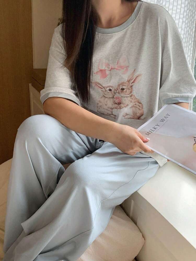 Dazy Plus 2pcs Contrast Color Cute Rabbit Print Top T-Shirt & Solid Color Pants Sleepwear Set, Plus Size Women Spring/Summer