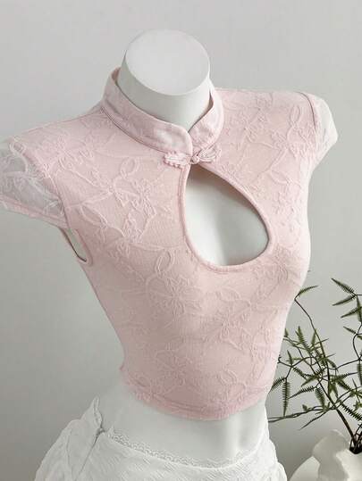 Elamini Nouveau style chinois T-shirt court d'été pour femmes, col en V, en dentelle transparente, dos nu, design minimaliste sexy