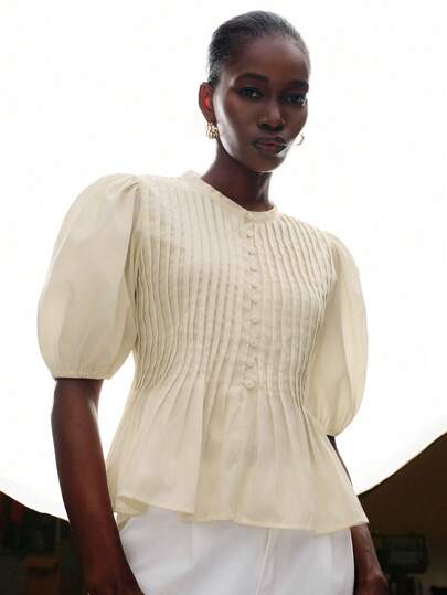 Aveloria Modichic Blouse Peplum Fitted Crinkled Vertical Pleat Puff Sleeve Elegant Vintage Beige Office Date Summer Spring Autumn Office Women Pleated Vertical Pleated Blouses For Women Elegant Blouses For Ladies Holiday 20 To 30 Degrees Celsius