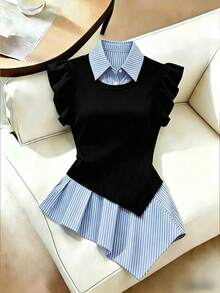 Franclia Áo thun nữ cổ bẻ tay ngắn vạt lệch phối họa tiết, kiểu dáng ôm sát, thanh lịch, phù hợp cho trang phục thường ngày đi làm, dự tiệc và gặp gỡ, thích hợp cho hẹn hò, mua sắm, phối đồ hàng ngày, phù hợp cho làm việc tại nhà. - màu đen - Xem 1