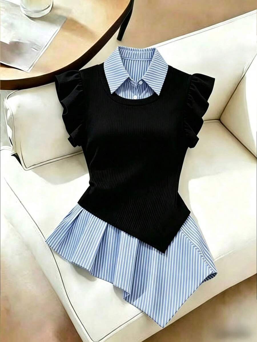 Franclia Áo thun nữ cổ bẻ tay ngắn vạt lệch phối họa tiết, kiểu dáng ôm sát, thanh lịch, phù hợp cho trang phục thường ngày đi làm, dự tiệc và gặp gỡ, thích hợp cho hẹn hò, mua sắm, phối đồ hàng ngày, phù hợp cho làm việc tại nhà. - màu đen - Xem 1