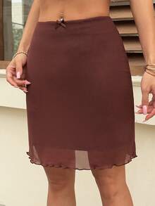 DAZY Solid Color Fitted Bodycon Knee-Length Contrast Mesh Elegant Sexy Summer Skirt Skort For Women Vacation - Brown - View 1
