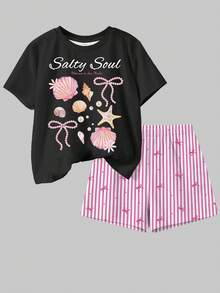 两件套少女休闲蝴蝶结条纹T恤短裤套装，Salty Soul 海星贝壳珍珠蝴蝶结图案圆领短袖T恤，适合春夏日常穿着、街头风、居家、度假、农场等场合，舒适百搭，充满夏日气息，是春夏女孩的理想之选，时尚有型，轻松休闲，尽显度假风情。 - 彩色 - 查看 3