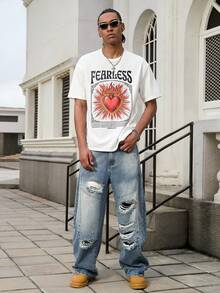 GALLERY FADE 男士街头时尚做旧水洗宽松阔腿牛仔裤 - 淺色水洗藍 - 查看 6