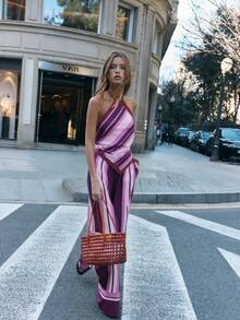 Nöista Women's 2pcs Halter Neckline Co-Ord Set, Diagonal Stripes Top Vertical Stripe Wide-Leg Pants, Pink, Summer, Casual, Vacation, Spring, Easter - Purple - View 9
