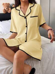 Napfluff Áo ngủ nữ tay ngắn cổ bẻ cài cúc, có túi, họa tiết bong bóng, viền tương phản. - Màu vàng - Xem 5