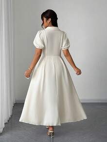 SHEIN Clasi Plus Size Women's White Summer Elegant Wedding Bridal French Office Commute Lapel Pleated Dress,Suitable For Evening Party,Gathering,Date,Graduation - Apricot - View 3
