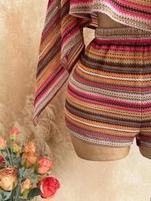 Soleia Plus Size Women Orange Asymmetrical Shoulder Top And Shorts 2 Pieces Set Autumn Boho Vacation Holiday Music Festival Summer Spring Outfit Beach - Multicolor - View 6