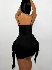 Women's Backless Dress With Ruffle Trimmed Spaghetti Straps Mini Short Women Outfit - Black - View 2