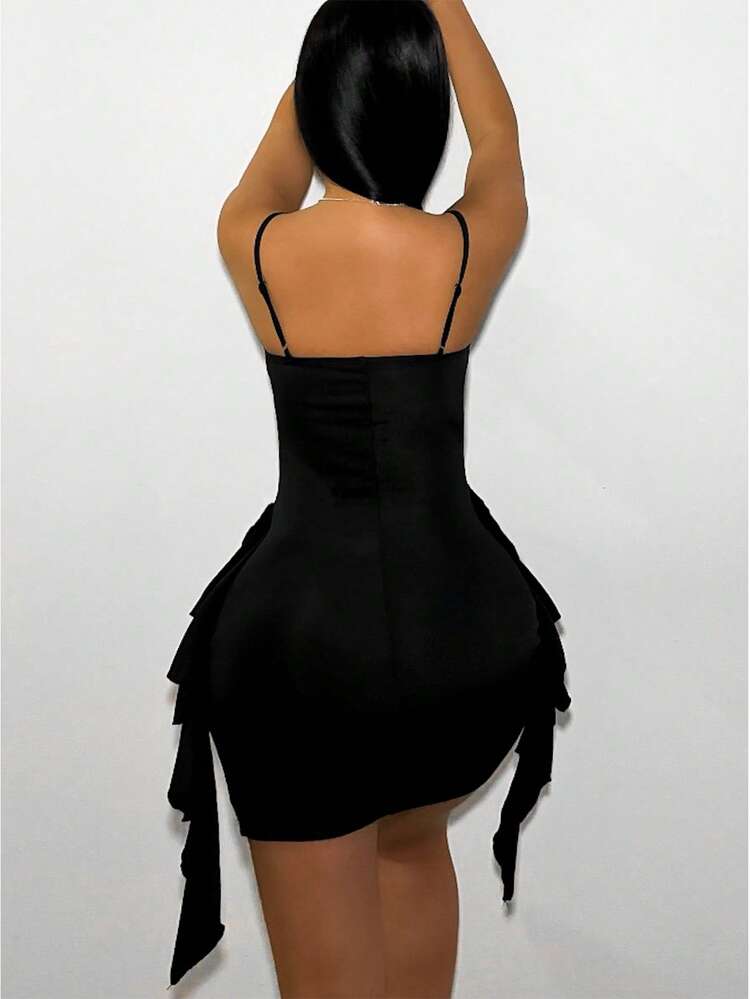Vestido mini corto sin espalda para mujer con tirantes de espagueti con volantes - Negro - Añade 2