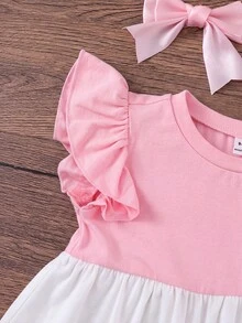 Emery Rose Kids Đầm dệt kim ôm sát, cổ tròn, viền bèo nhún, phối màu tương phản cho bé gái. - Màu Hồng baby - Xem 6