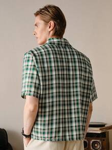 VeloEdit Green Color Men's Casual Plaid Print Short Sleeve Shirt, Woven,Collar Multicolor, Suitable For Daily, Workplace And Commuting In Summer Old Money, With Button & Button Front, Father's Day Gift For Father & Boyfriend, Outfits For Men - Multicolor - View 3