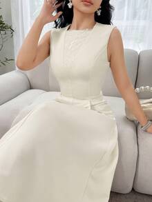 Feyla Damen Einfarbiges Kleid mit Kontrast-Spitze, elegantes ärmelloses Midi-Kleid - Aprikosenfarben - Übersicht 4