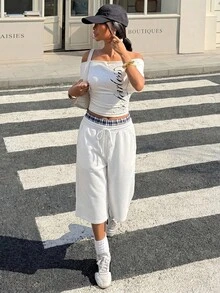 Muchica Women's Knit Casual Streetwear Sporty Bermuda Shorts, Spring/Summer City Break White And Blue Holiday Daily Club - White - View 3