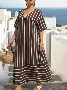 SHEIN LUNE CURVE Große Größen gewebtes bedrucktes lässiges Urlaubs Große Größen Sommerkleid für Damen - Kaffeebraun - Übersicht 3