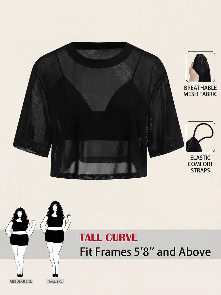 SHEIN Tall CURVE 大码女式透视网纱吊带背心套装 - 黑色 - 查看 1