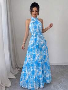 Elenzga Gaun A-Line Elegan Romantis dengan Kerah Ruffle dan Lipatan di Pinggang, Motif Bunga, Cocok untuk Kencan, Musim Semi/Panas - MultiWarna - View 3