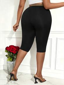 EMERY ROSE Plus Size Women's Black And Gold Printed Knit Cinched Waist Skinny Casual Leggings,Summer Classy Night Biker Short Capris Long Shorts With Stretch - Black - View 2