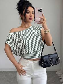 SHEIN Elenzya Asymmetric Waist Hem Oblique Shoulder Elegant Office Lady T-Shirt - Multicolor - View 5