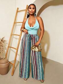 SHEIN VaVaLuxe Vibrant Multi-Stripe Drawstring Waist Wide-Leg Pants - Perfect For Vacation & Summer Outings - Aqua Blue - View 5