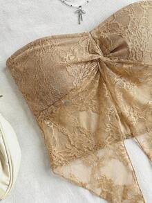 Soleia Top de moda de tejido de encaje texturizado tipo bandeau con nudo delantero y bajo dividido, adecuada para el té de la tarde, la temporada de graduación, todas las estaciones, fiestas, el Día de San Valentín - Caqui - Ver 5