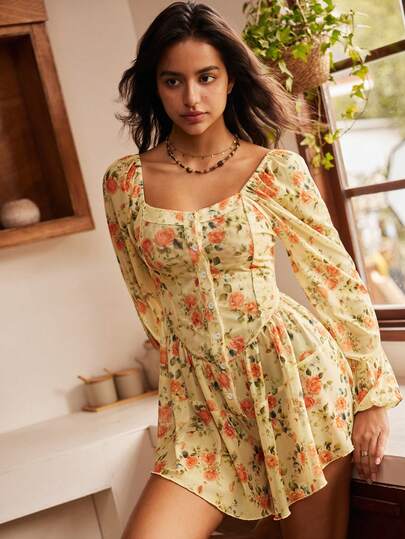 Lullawish Bohemian Style Floral Print Mesh Vintage Sweetheart Collar Fake Placket Design Short Romper Pajamas For Women