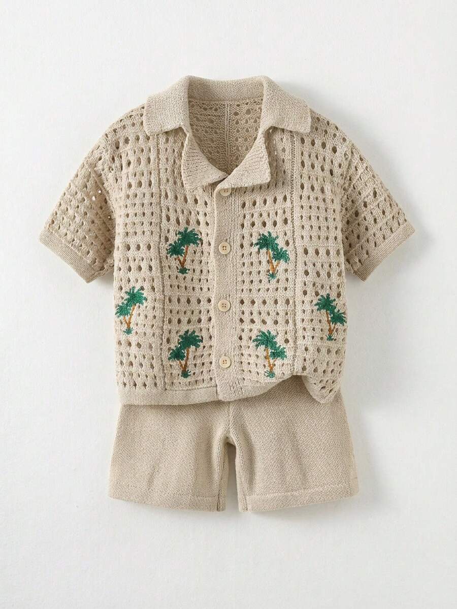 2pcs Young Boys Casual Vacation Palm Tree Crochet Texture Polo Collar Cardigan And Shorts Set, Comfortable And Versatile - Khaki - View 1