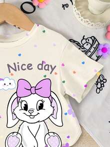 Elladie kids 一套女童可爱兔耳豹纹爱心图案圆领短袖T恤和针织短裤套装，卡通兔子印花服装，春夏款 - 彩色 - 查看 3