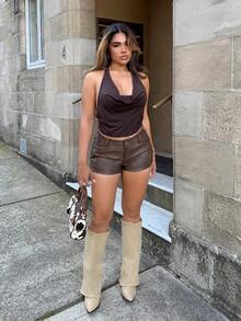 女式低腰复古性感PU皮短裤 - 棕色 - 查看 1