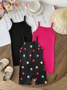 SHEIN 3pcs/Set Fuchsia, Black & Floral Print Romper Jumpsuit, Infant/Toddler Girls - Multicolor - View 5