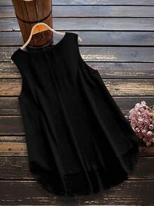 Linhara Plus Size Casual Sleeveless Solid Color Shirt, Summer - Black - View 2