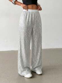 SHEIN Teen Girl Silver Sequin Loose Pants, Shiny Design, Casual For Any Occasion - Silver - View 3