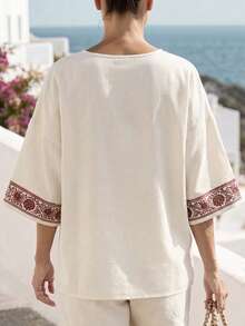 SHEIN Holidaya 女士缺角领落肩中袖复古宽松衬衫，夏季 - 彩色 - 查看 2