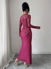 Modelyn Square Neck Lace Patchwork Button Waist Fitted Midi Dress For Women - Hot Pink - View 2