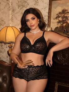Divavoom Plus Size Lace Contrast Mesh Underwire Sexy Bra - Black - View 5